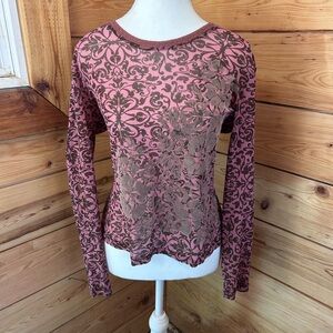 Vintage Burned Out Velvet Sheer Pink Brown Long Sleeve Top Y2K Retro Womens Smal